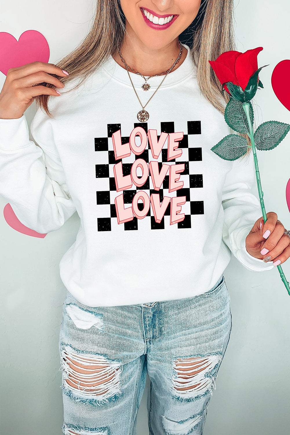 Checkerboard Love Printed Round Neck Valentines Sweatshirt | White