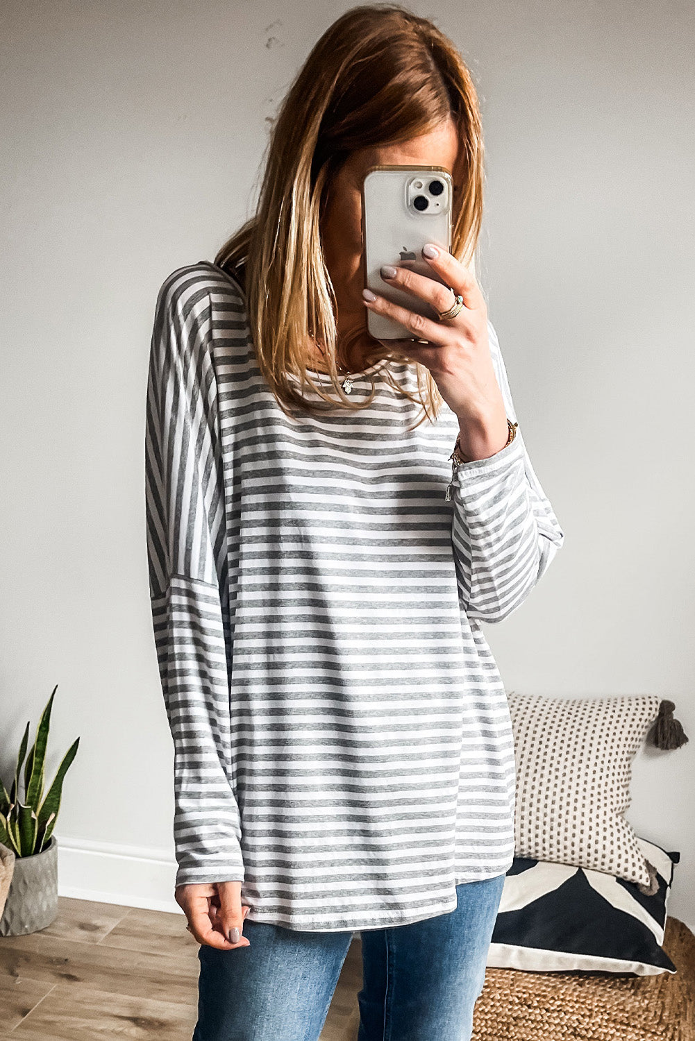 Drop Sleeve Round Neck Oversized Long Sleeve Top | Gray Stripe