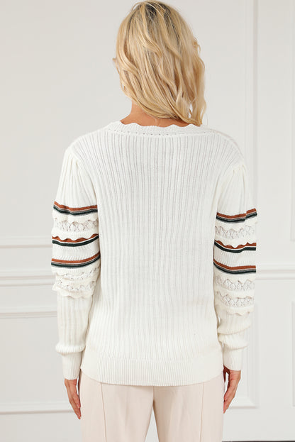 Striped Ribbed Scalloped Detail Knit Sweater | White