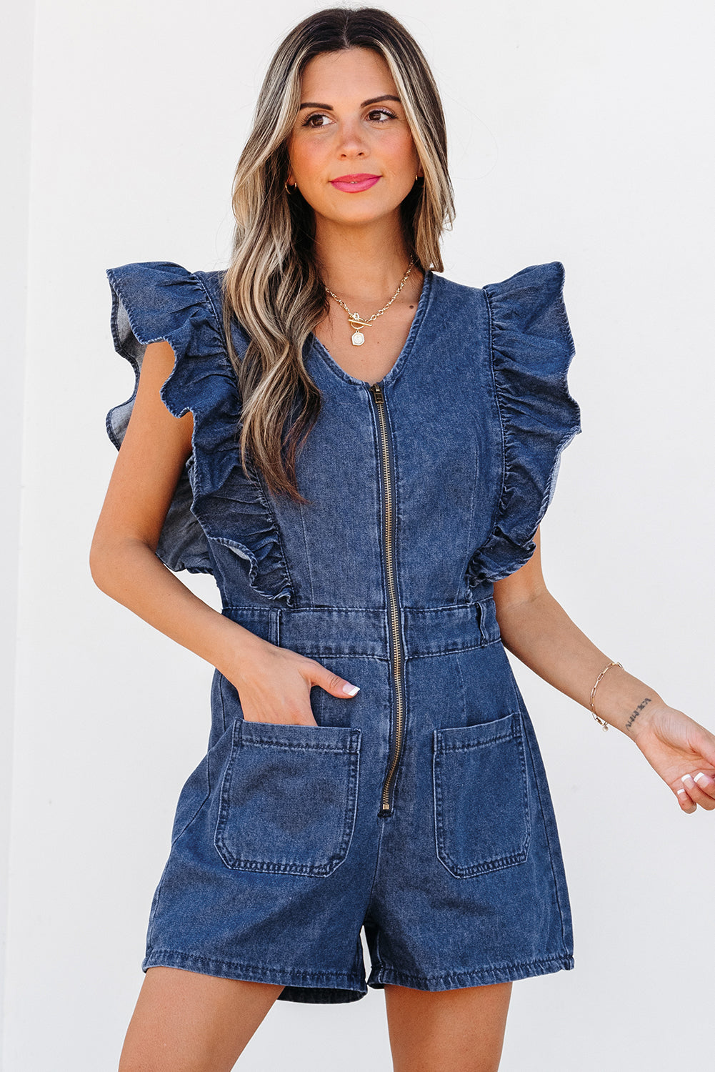 Denim Ruffled Zipped Front Belted Romper | Sail Blue