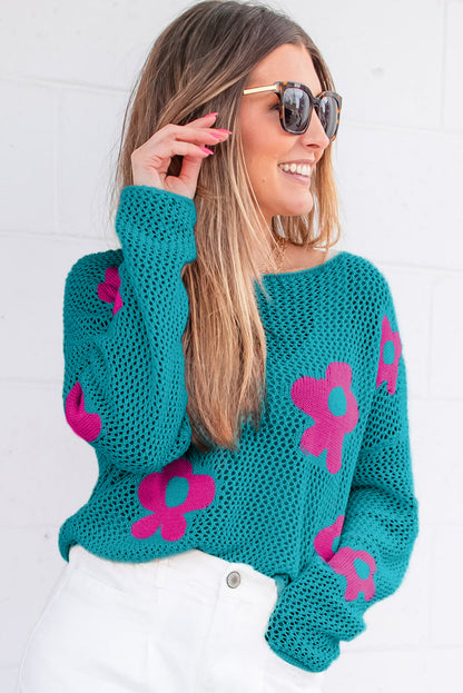 Big Flower Hollowed Knit Drop Shoulder Sweater | Sea Green