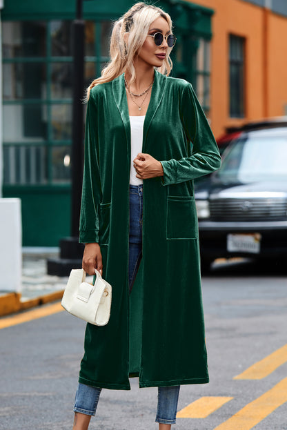 Velvet Open Front Pocketed Long Duster | Green