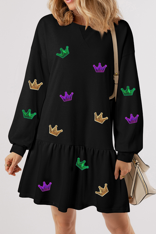 Black Mardi Gras Crown Patched Long Sleeve Ruffle Hem Dress