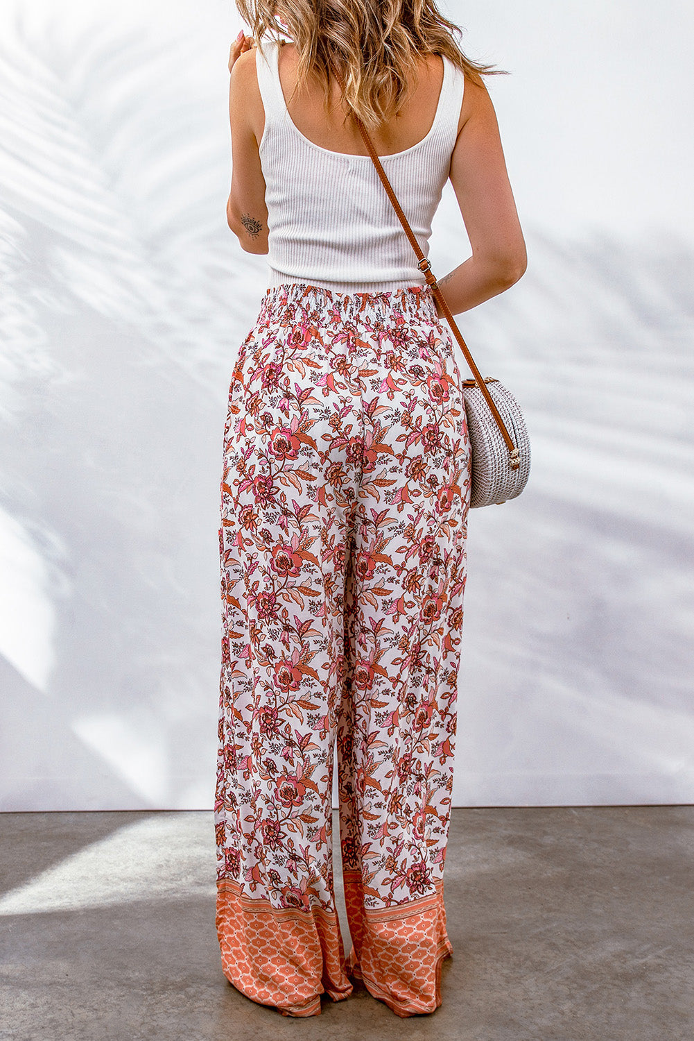 Fiery  Floral Print Shirred High Waist Wide Leg Pants | Red