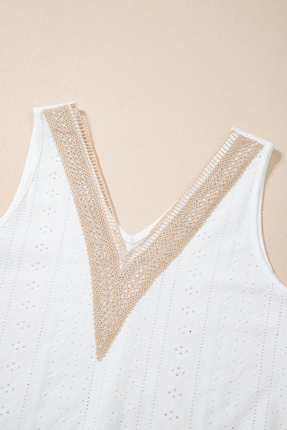 Lace Crochet Splicing V Neck Loose Fit Tank Top | White