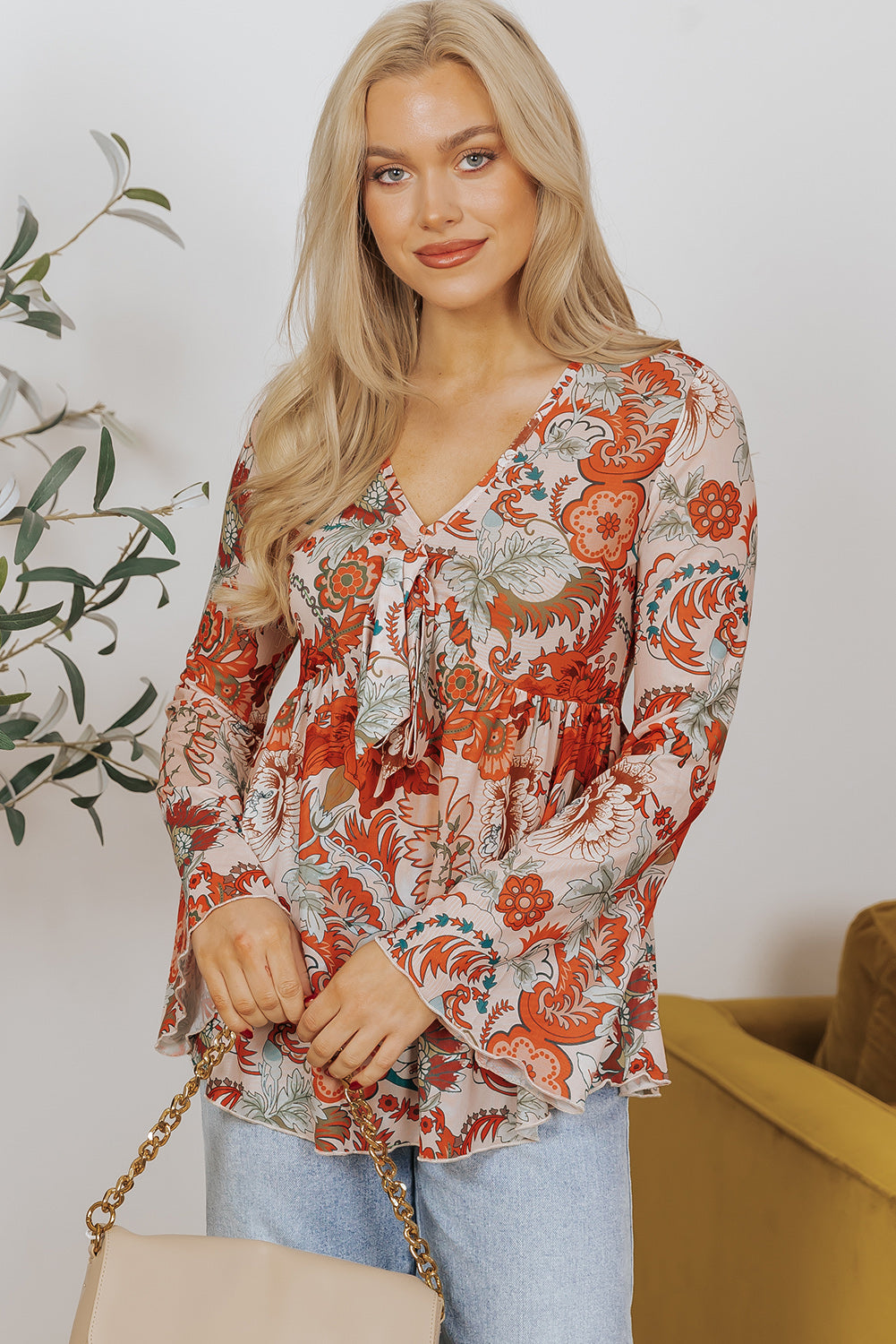 Floral Print Deep V Neck Knot Bell Sleeve Blouse | Orange