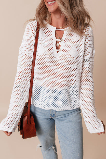 Open Knit Buttoned Neck Split Sleeve Sweater | White