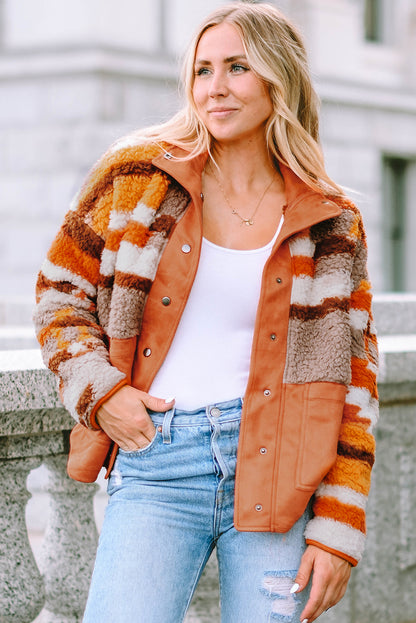 Quilted Patch Pockets Aztec Furry Jacket | Brown