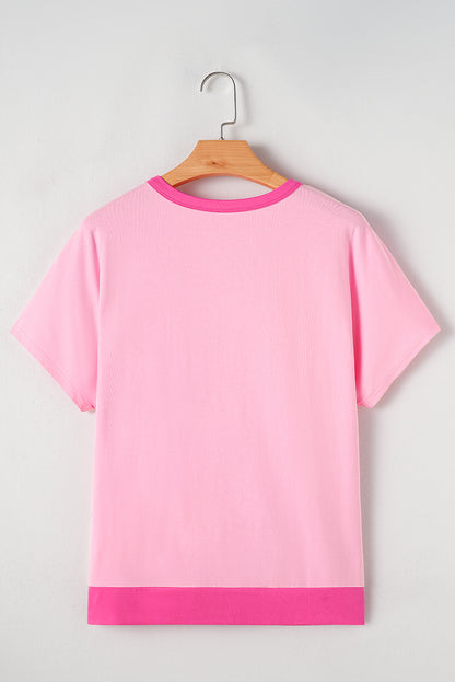 Two Tone Half Buttons Collared T Shirt | Pink