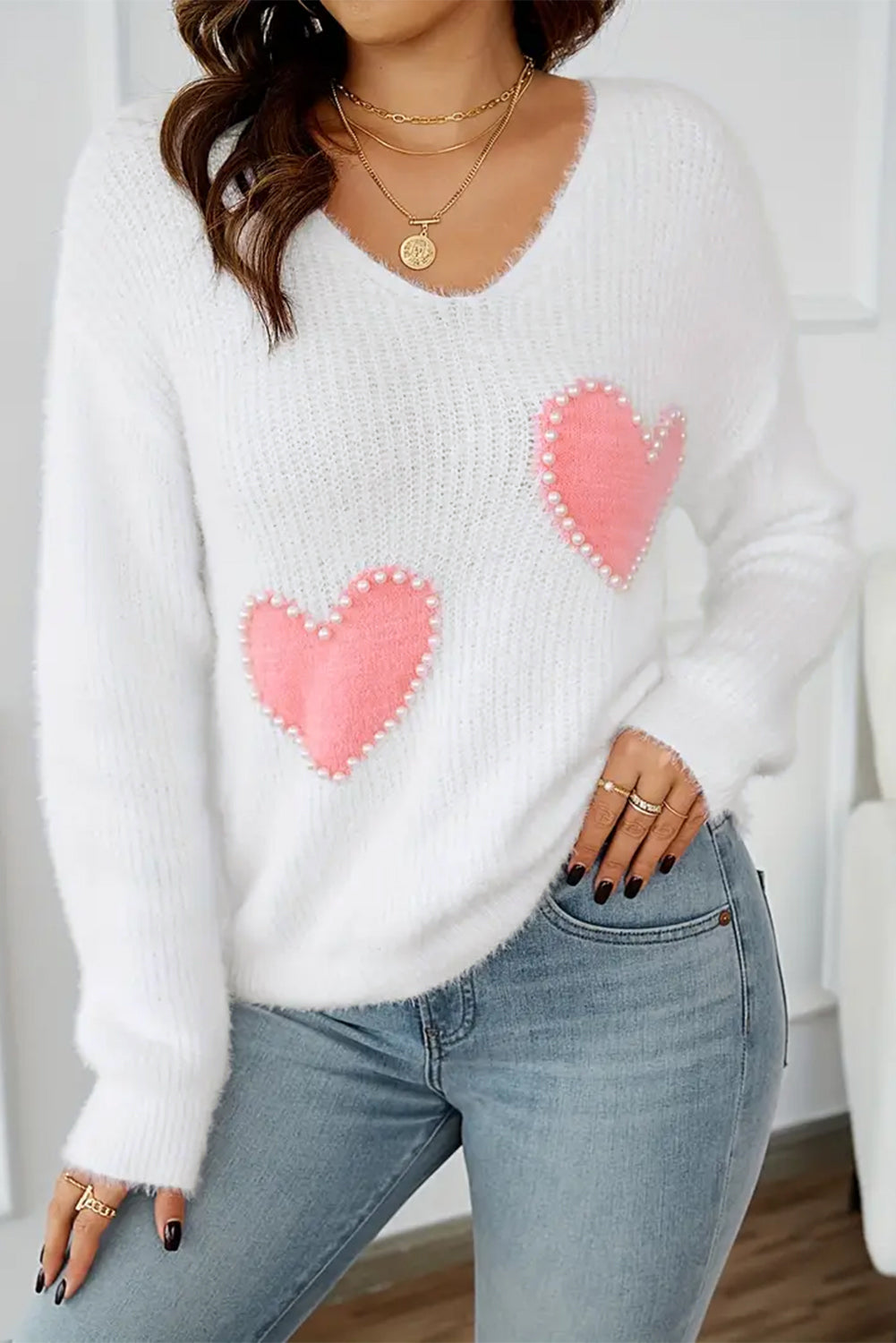 Pearl Beaded Heart Pattern Fuzzy V Neck Sweater | White