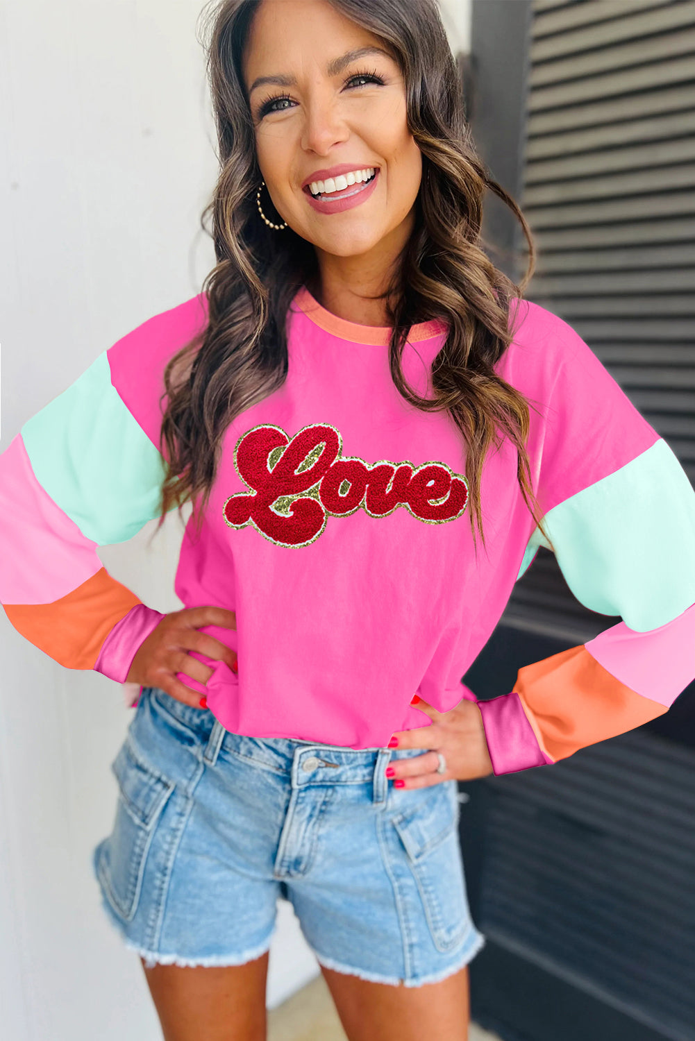 Chenille Love Patched Colourblock Long Sleeve Crewneck Top | Rose Red