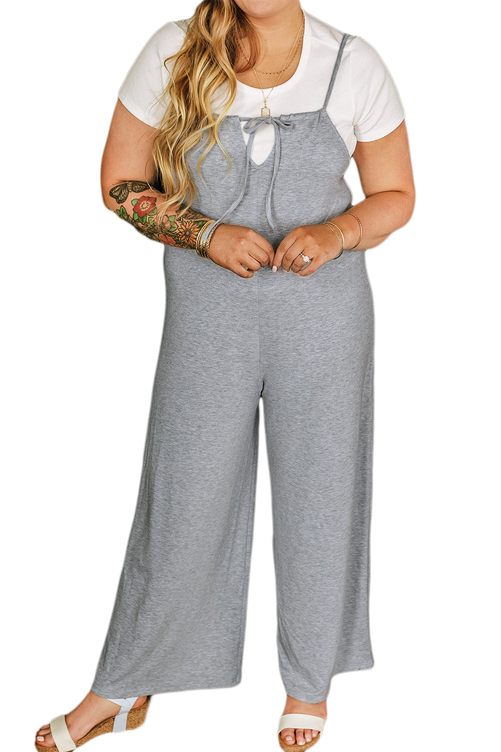 Plus Size Solid Colour Spaghetti Straps Wide Leg Jumpsuit | Gray