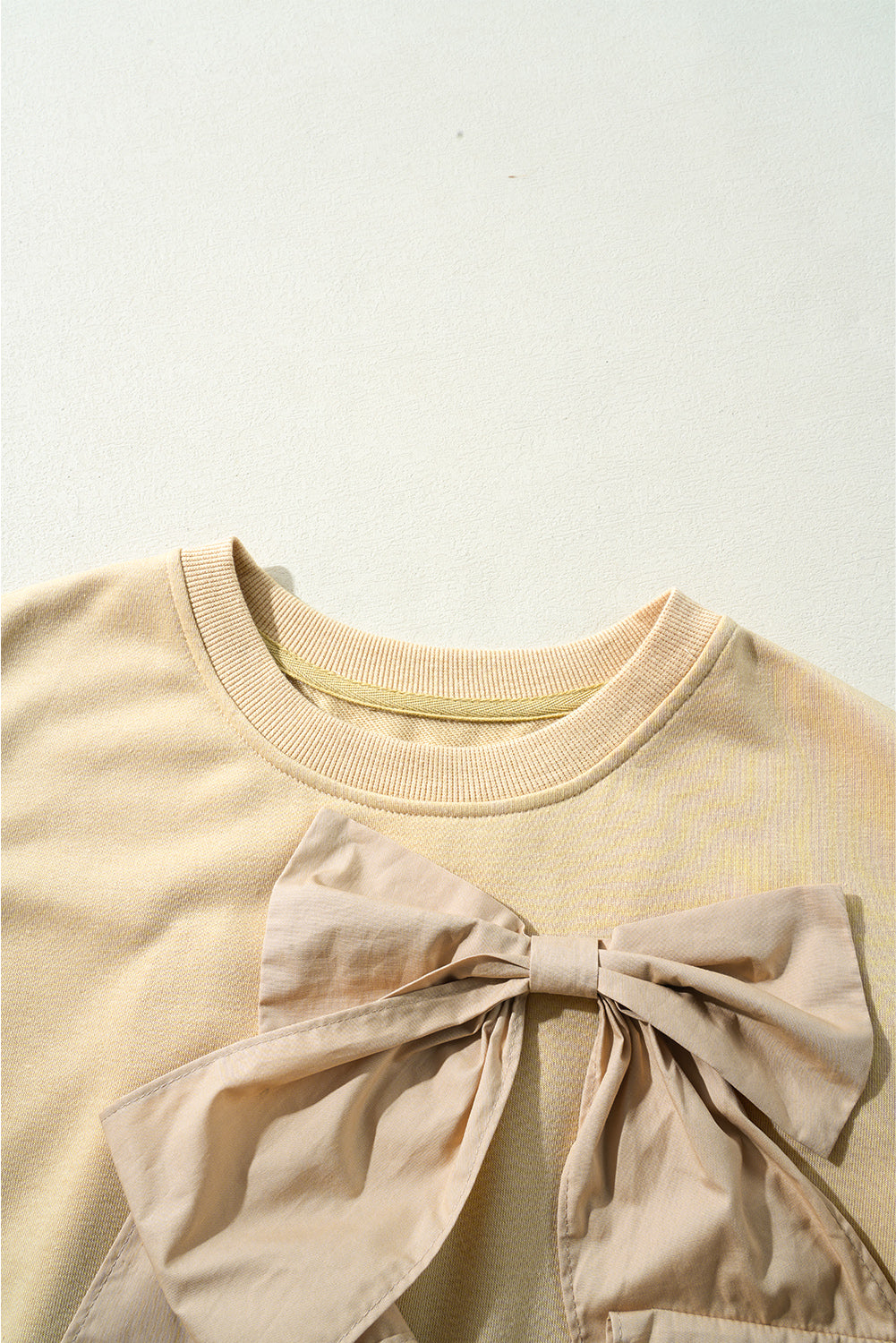 Two Tones Ribbon Bow Ruffle Sleeve Top | Parchment