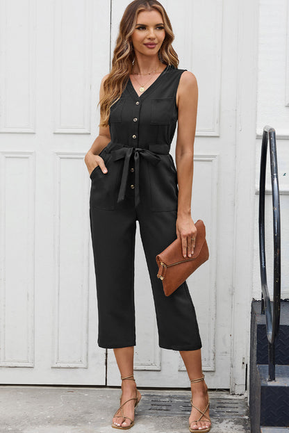 Buttoned Sleeveless Cropped Jumpsuit With Sash | Black