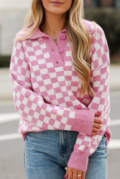 Checkered Buttons Collar V Neck Drop Shoulder Sweater | Pink