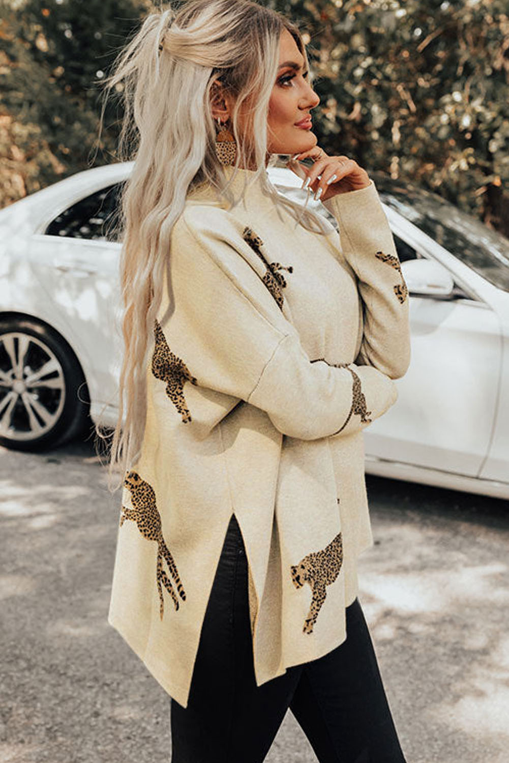 Lively Cheetah Print High Neck Split Hem Sweater | Parchment