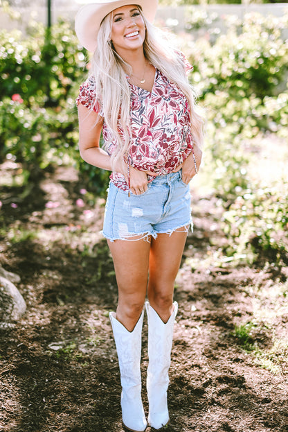 Floral Ruffled Short Sleeve V Neck Blouse | White