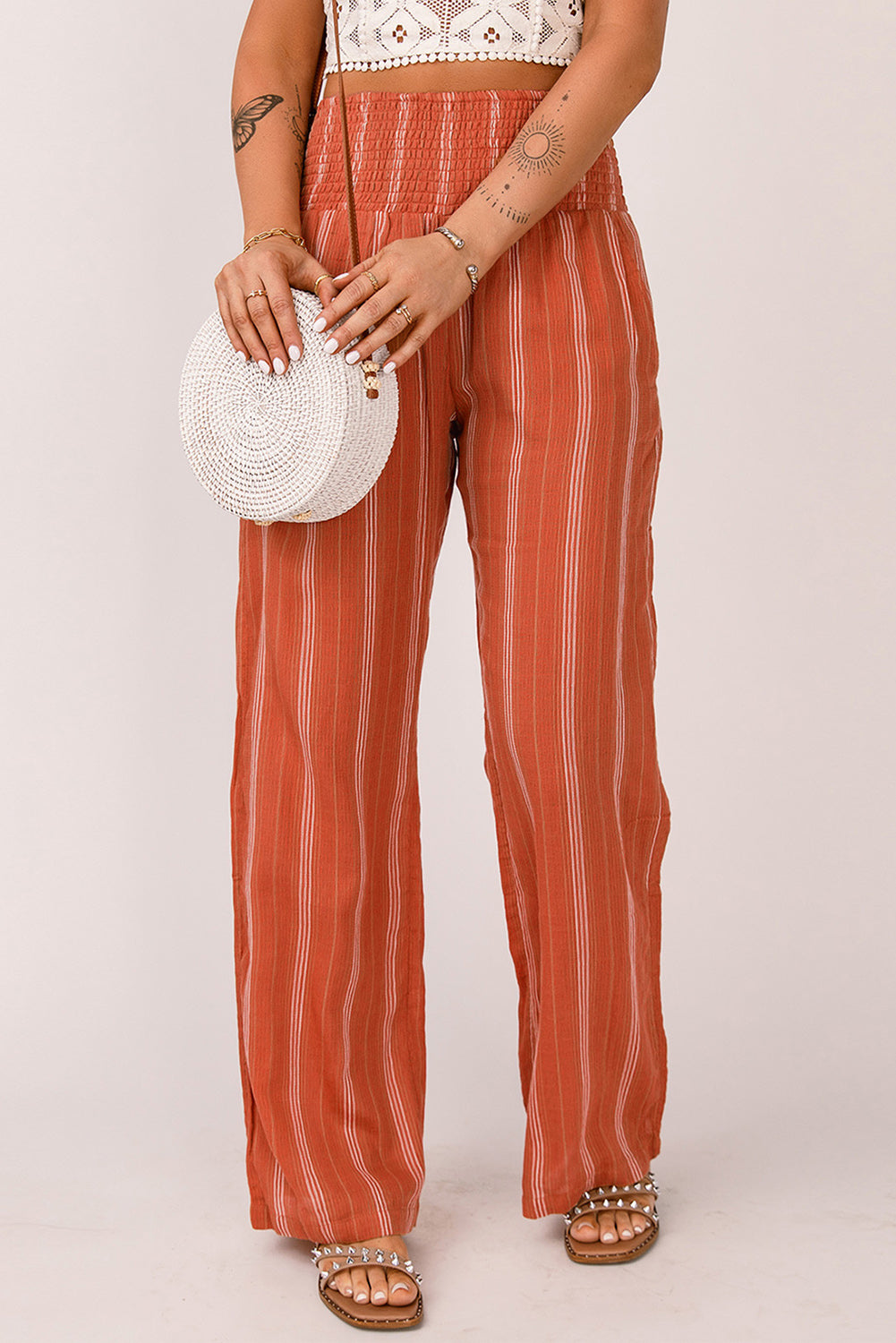 Striped Shirred High Waist Straight Leg Pants | Orange