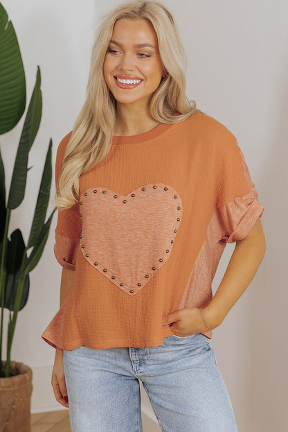 Stud Heart Patch Textured Front Dolman Top | Desert Gold