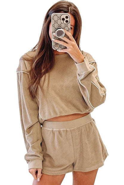 Piping Trim Long Sleeve Terry Shorts Set | Khaki