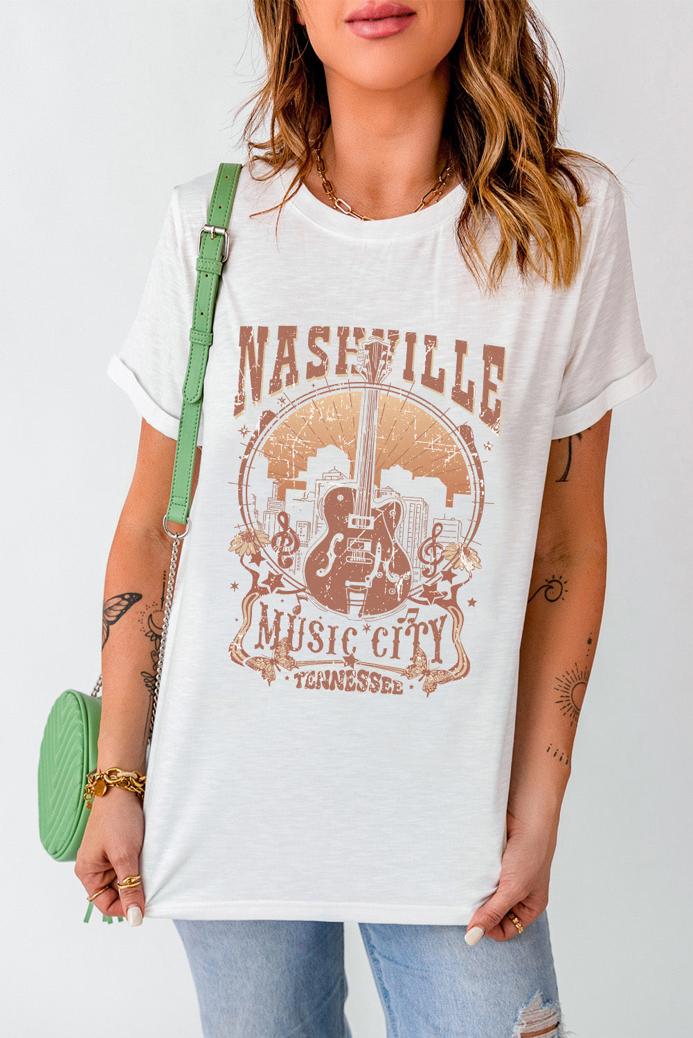 Vintage Nashville Music City Crewneck Graphic T Shirt | White