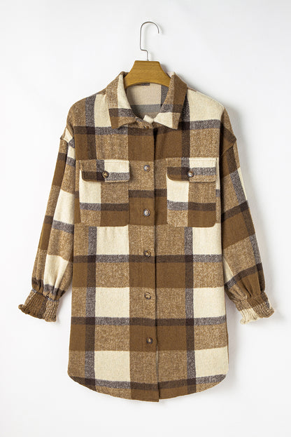 Plaid Flap Pocket Smocked Cuff Shacket | Brown