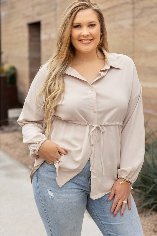 Light French Beige Plus Size Puff Sleeve Tied Tunic Shirt