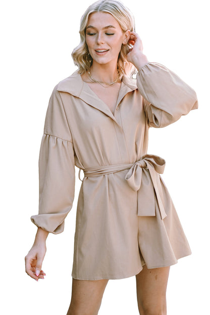 Light French Beige Lapel Drop Shoulder Bubble Sleeve Romper With Sash | Flaxen