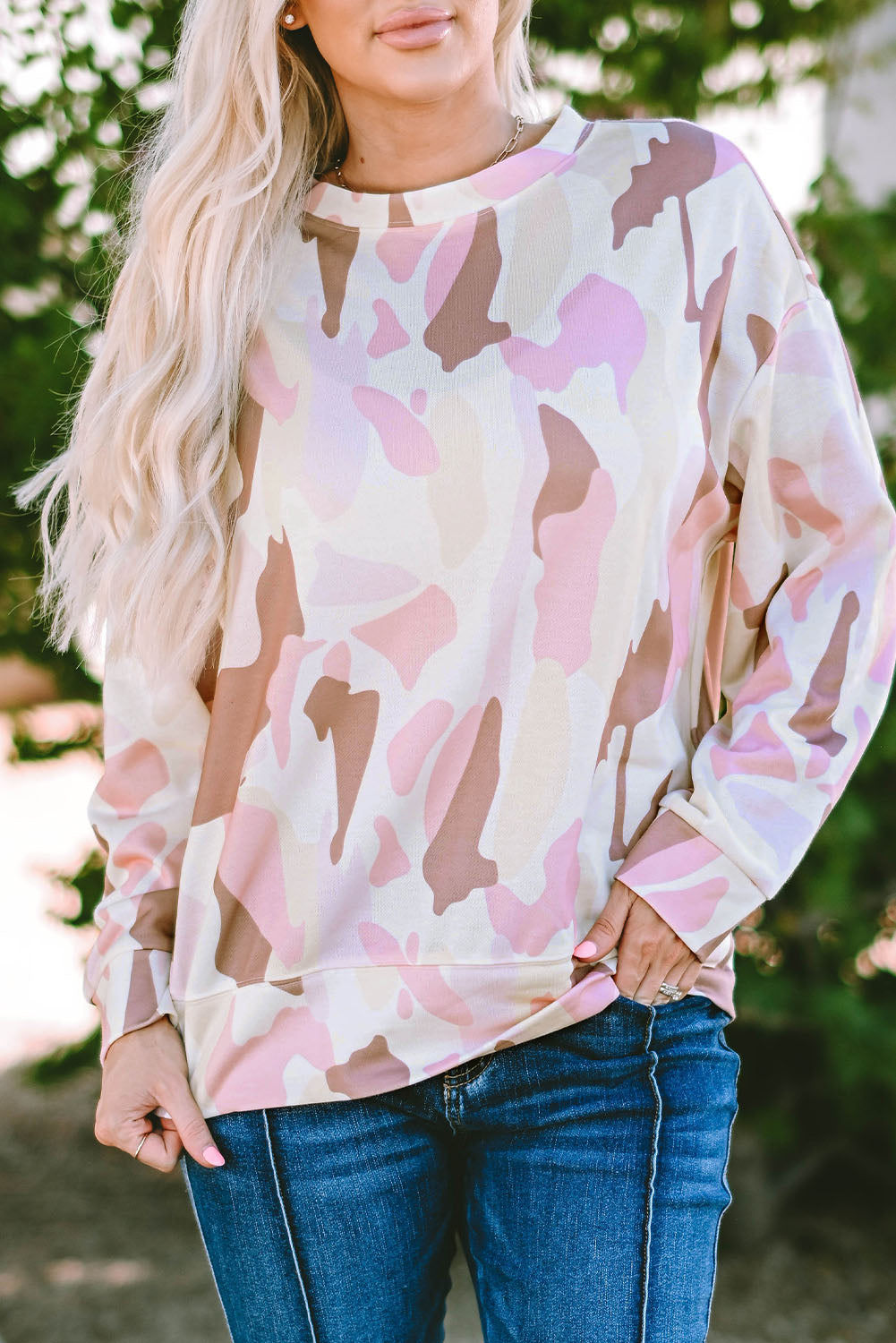 Geometric Print Crewneck Pullover Sweatshirt | Pink