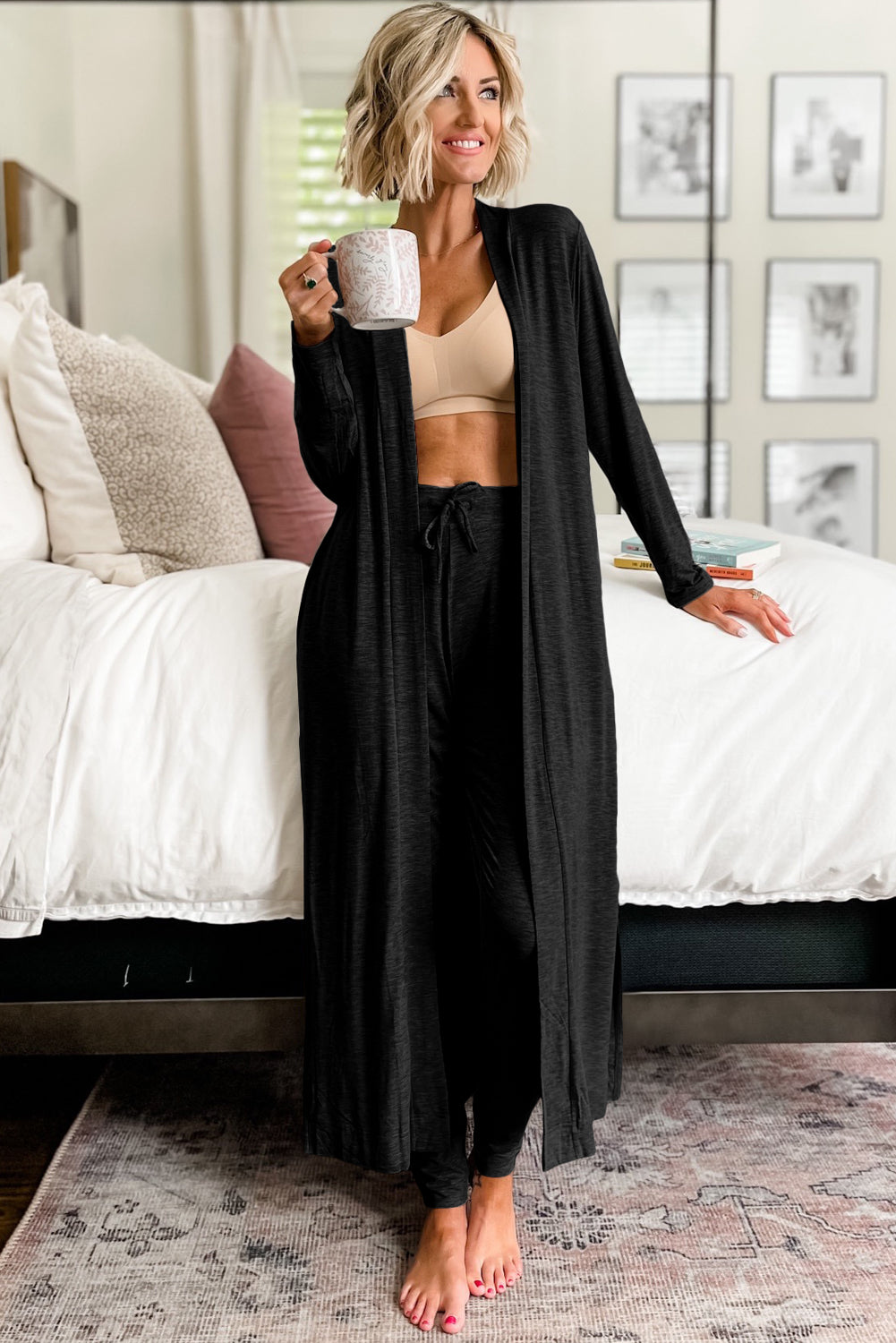 Split Long Cardigan And Skinny Pants Lounge Set | Black