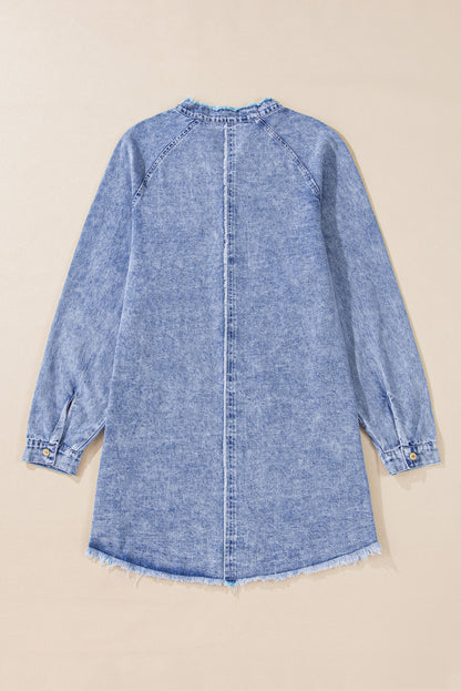 Mineral Wash Long Sleeve Button Up Raw Hem Pocketed Denim Dress | Beau Blue