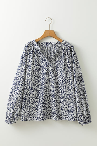 Floral Print Notched V Neck Puff Sleeve Blouse | Blue