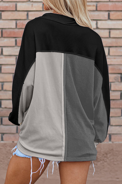 Colourblock Ribbed Collared Oversized Sweatshirt | Gray