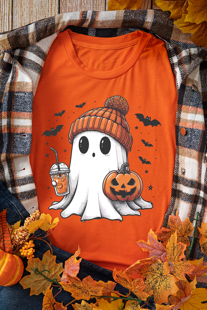 Cute Ghost Pumpkin Face Printed Halloween T Shirt | Orange