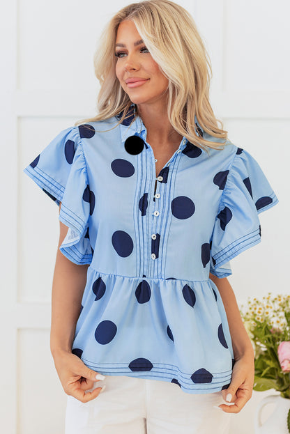 Polka Dot Print Ruffled Short Sleeve Buttoned Collared Blouse | Sky Blue