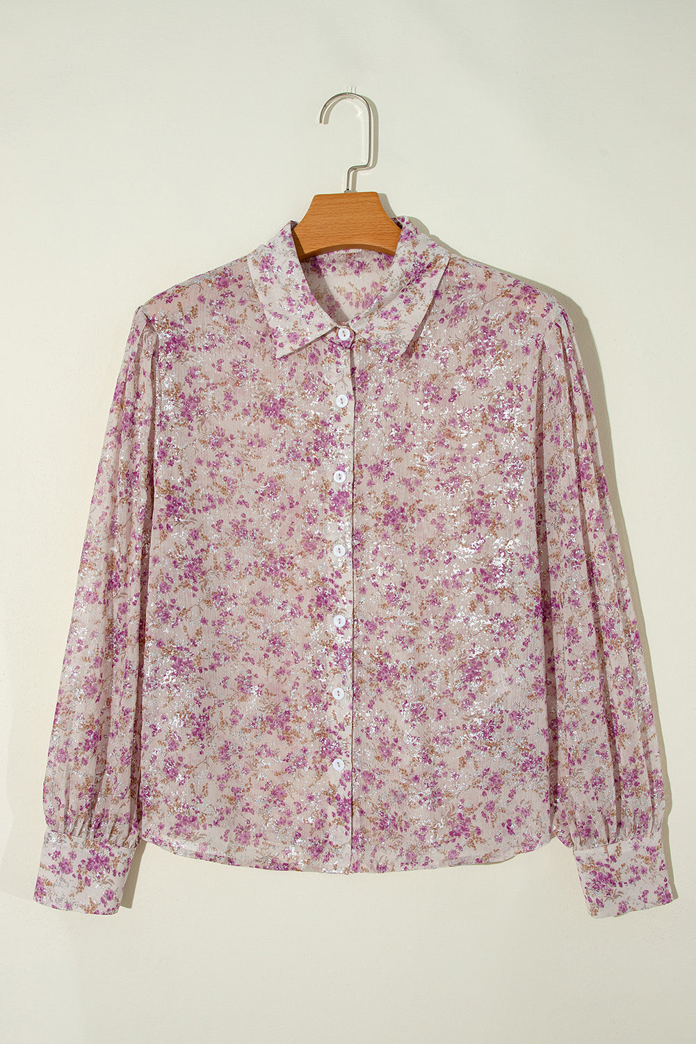 Floral Print Bishop Sleeve Collared V Neck Shirt | Pink