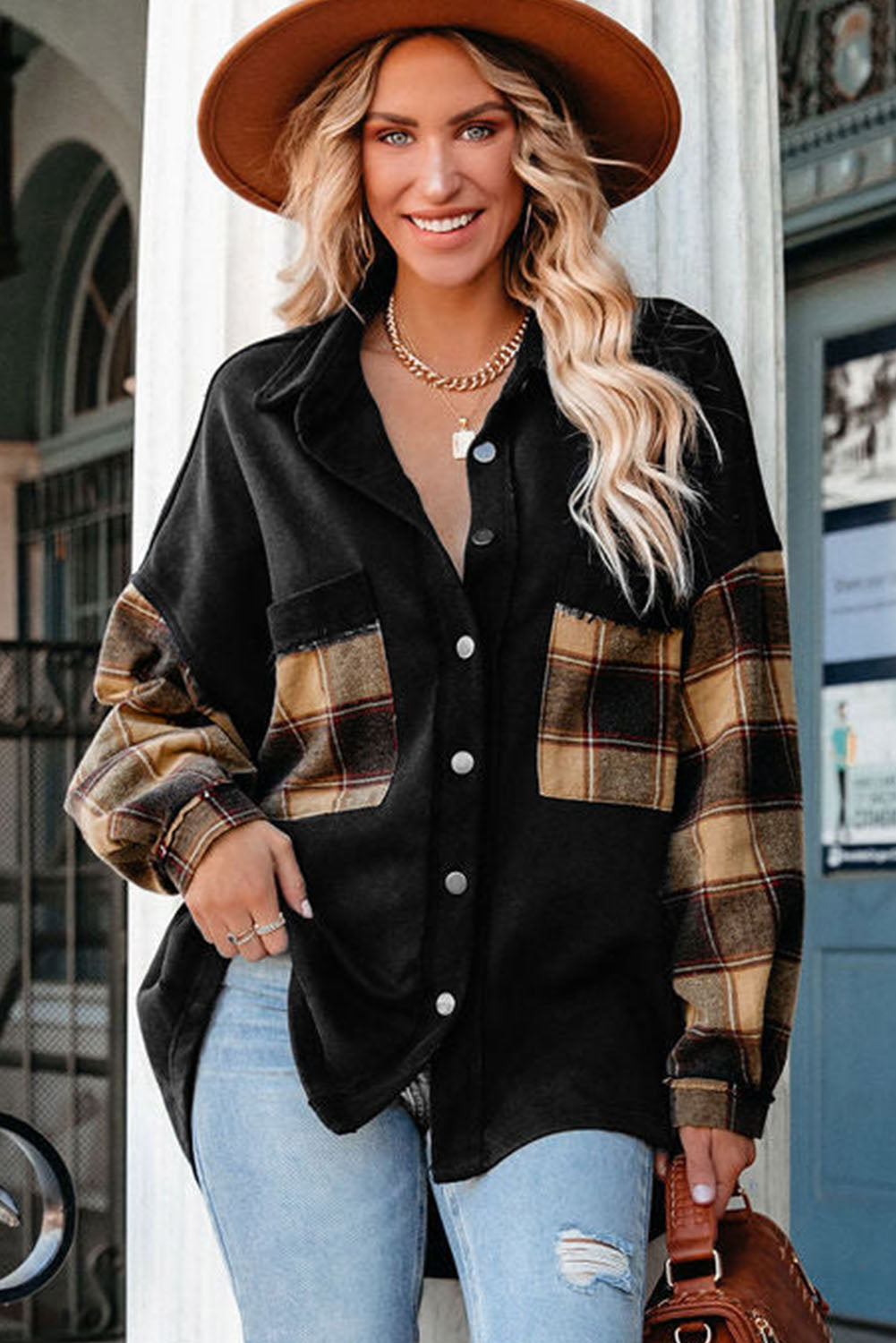 Plaid Patchwork Chest Pockets Oversized Shirt Jacket | Black