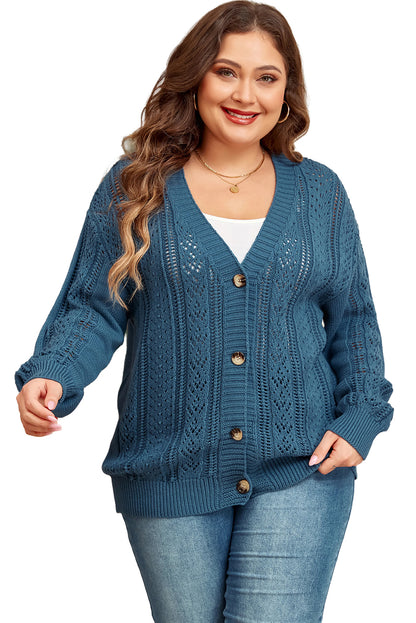 Open Knit V Neck Button Front Drop Shoulder Plus Size Cardigan | Real Teal