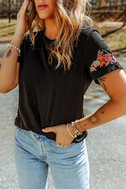 Floral Embroidered Round Neck Short Sleeve T Shirt | Black