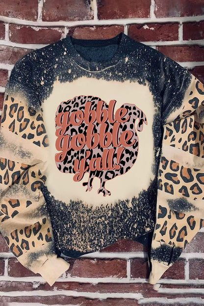 Gobble Gobble Yall Bleached Leopard Pullover Sweatshirt | Black