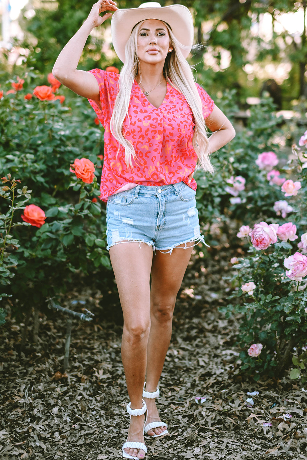 Leopard V Neck Short Sleeve Blouse | Pink