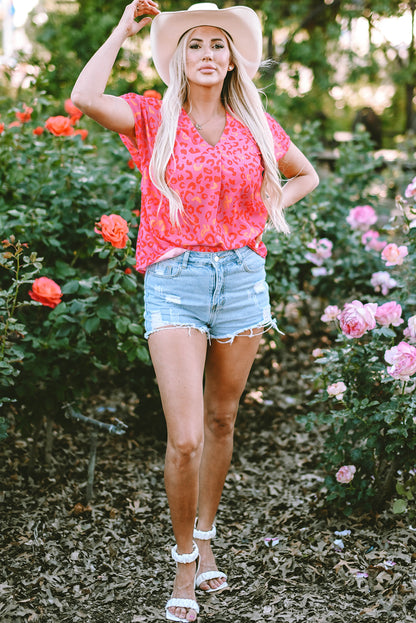 Leopard V Neck Short Sleeve Blouse | Pink