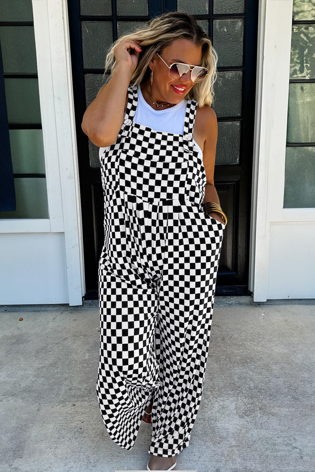 Checkered Print Pocketed Wide Leg Jumpsuit | Black