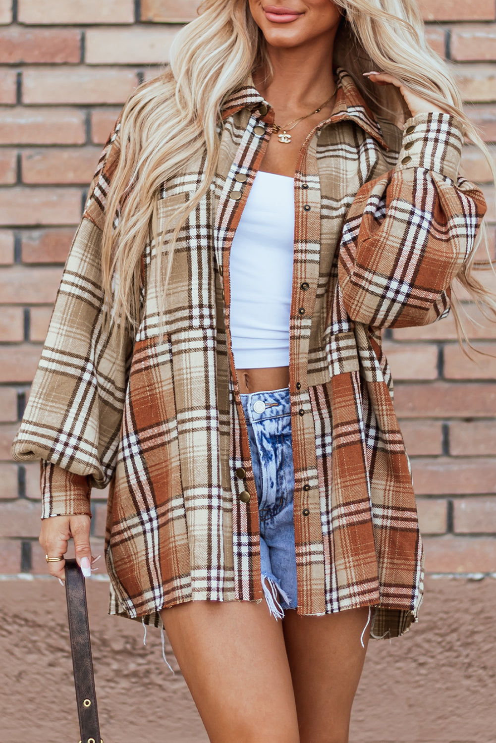 Plaid Colourblock Patchwork High Low Shacket | Khaki