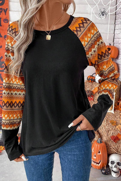 Geo Print Raglan Patchwork Long Sleeve Tee | Orange