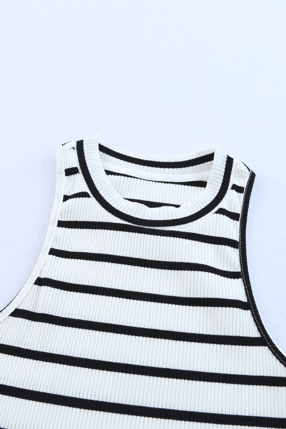 Striped Print Ribbed O-Neck Sleeveless Top | White