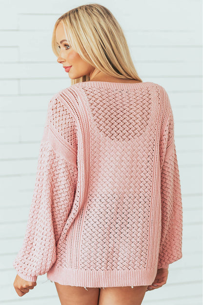 Loose Pointelle Knit Ribbed V Neck Sweater | Pink