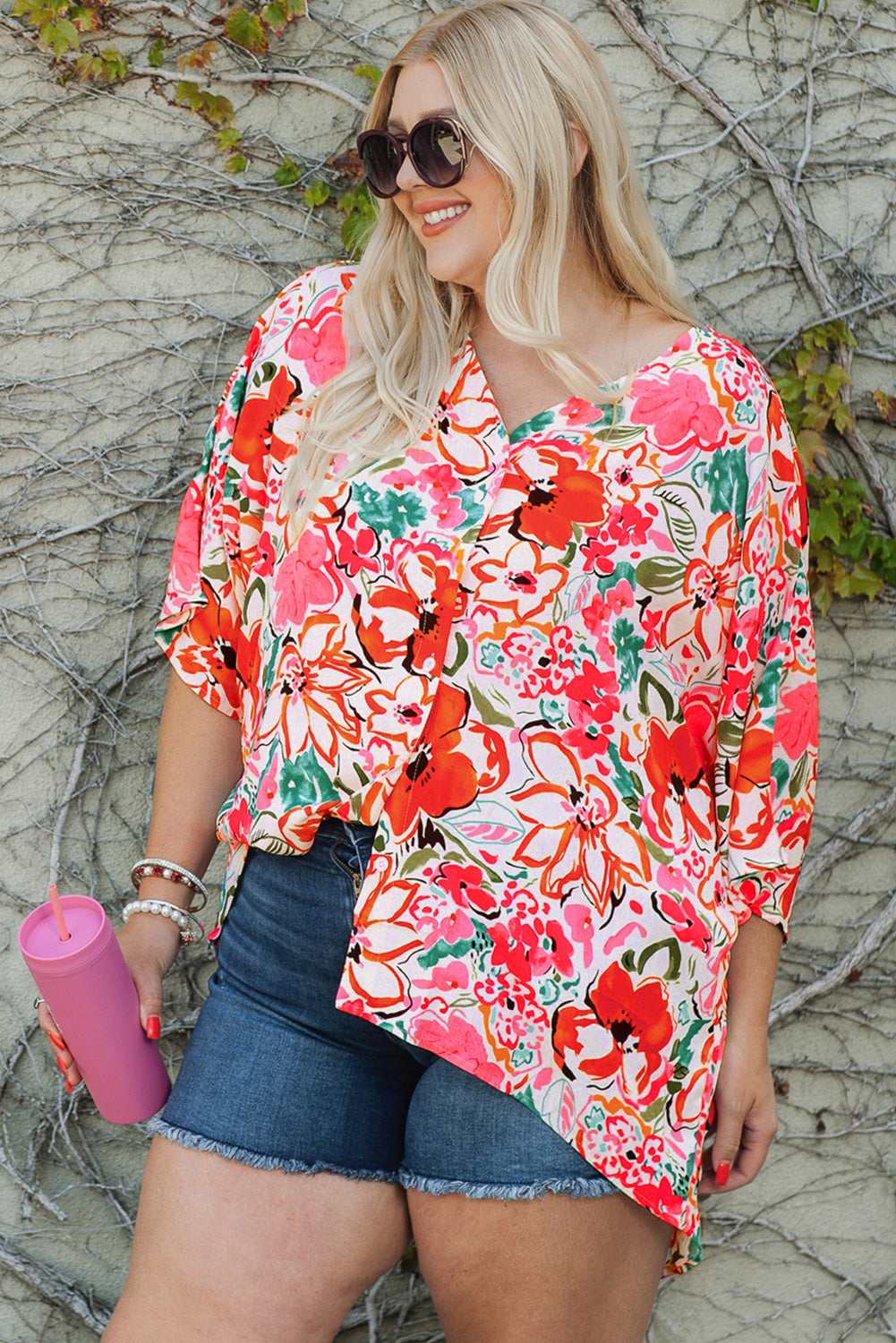 Plus Size Floral Print Kimono Sleeve Shirt | Rose