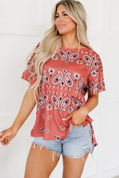 Paisley Print Side Slits Crew Neck T Shirt | Red