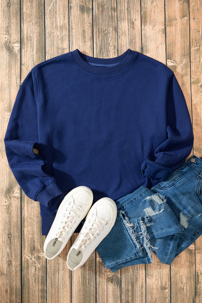 Solid Fleece Lined Drop Shoulder Terry Sweatshirt | Navy Blue